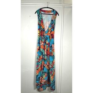 Lands End NWOT womens M Maxi dress jerseyTropical Print Faux Wrap Dress vacation